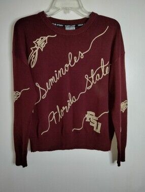Kadyluxe (Sz M) Maroon Merino Wool Crewneck LS Embroidery Cream Script Sweater